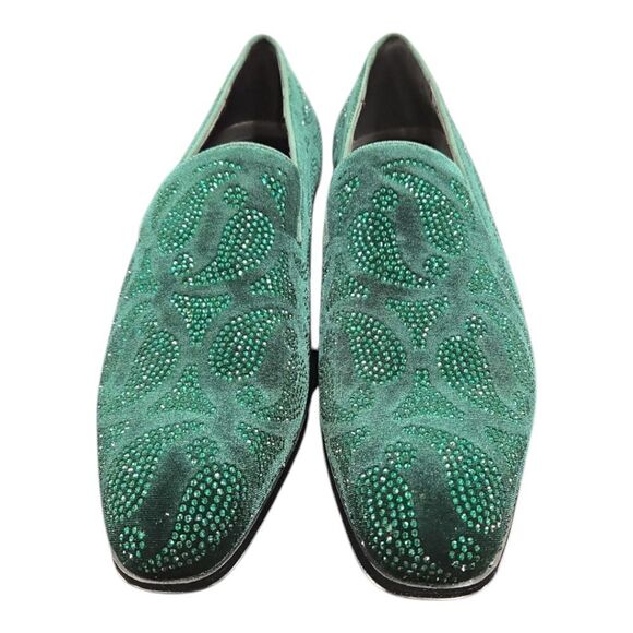 AFTER MIDNIGHT VINTNER VELVET COLLECTION:GREEN CRYSTAL-STUDDED SMOKER SHOES. main image 5